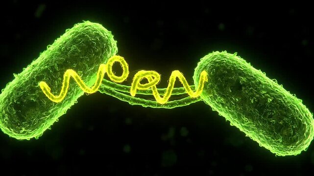 Glowing Bacteria Cells Transferring Genetic Material Through a Biological Bridge, Conjugation Concept
