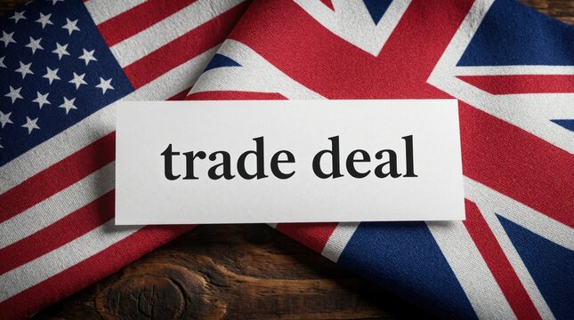 American flag, British Union Jack textile background. White paper note with trade deal text lies on top. US UK business agreement concept shows economic partnership, international commerce