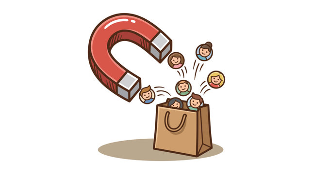 Magnet attracting diverse customer icons into a paper shopping bag representing lead generation and audience growth