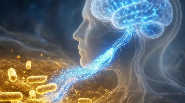 Glowing Golden Gut Bacteria Sending Energetic Signals Upwards Along a Neural Fiber, Gut-Brain Axis Concept