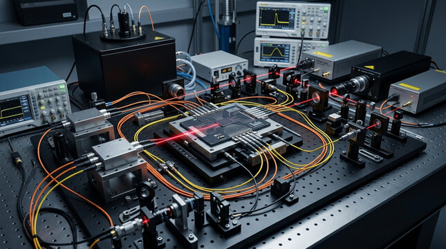 Advanced optical setup with laser beam and fiber optics on breadboard for physics research and scientific development in modern laboratory