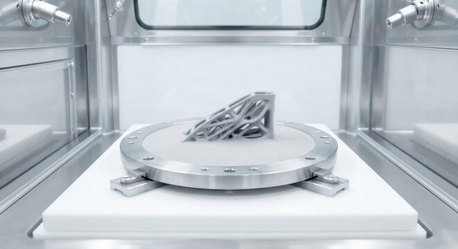 Precision niobium alloy build plate inside a laser powder bed fusion additive manufacturing chamber showcasing advanced aerospace engineering