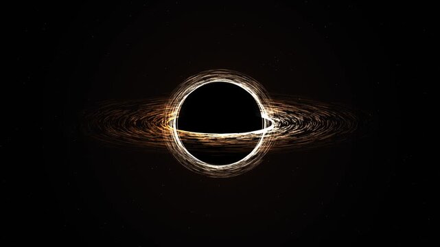 Glowing black hole with a swirling golden accretion disk in deep space