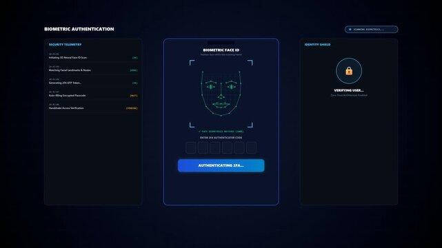 Biometric Security and 2FA Face ID Scanning Animation, 3D Facial Recognition Mesh with Blue Laser Scan, Auto-Filled 6 Digit OTP Code, Access Granted, Mobile Login and Cybersecurity
