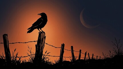 Fototapeta premium Silhouette of a Raven Perched on a Fence Post at Sunset with Crescent Moon and Dark Sky