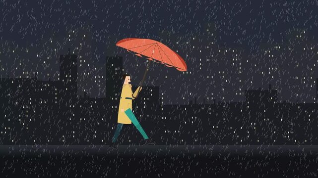 2D flat animation of a man in a yellow coat walking through a city at night when it suddenly starts raining, he opens an orange umbrella and closes it when the rain stops