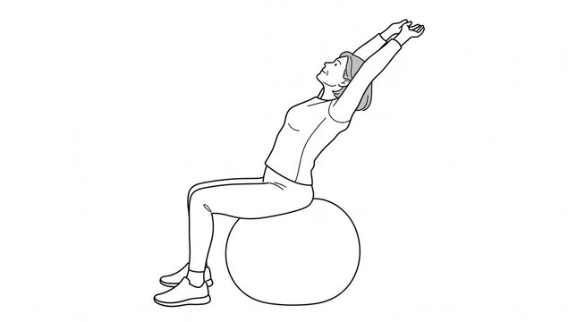 Active seniors line art conceptual sketch of a person stretching back on a large exercise ball