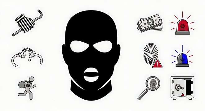 Crime and thief icons set with burglar mask handcuffs fingerprint
