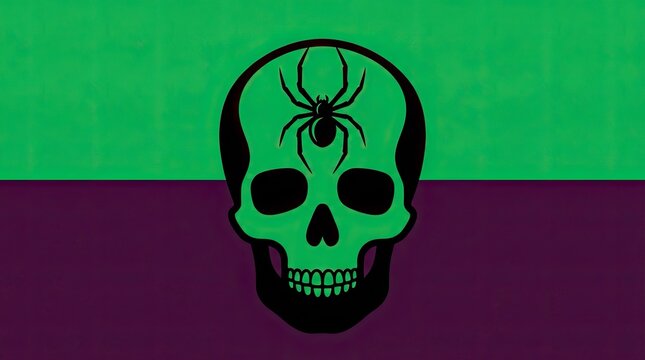 Stylized Green Skull with Black Spider Icon on Purple and Green Background for Halloween or Gothic Design