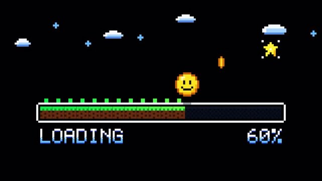 Cute yellow character with 8-bit pixel style on a loading screen. Blocky pixel character progressing through a game loading screen. Cute pixel game character with progress bar and playful sky scene