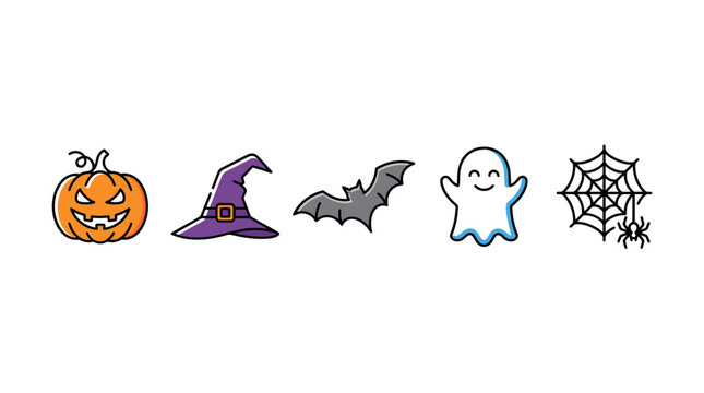 Halloween pumpkin witch trick treat spooky haunted cat spider ghost candy autumn corn bat skeleton party patch night moon decoration icons set collection