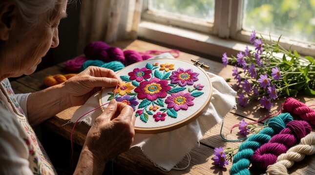 Mature woman colorful floral embroidery near window. Senior female crafter uses needle, thread to stitch pattern on white fabric. Handmade textile art hobby in cozy home workshop with yarn balls,