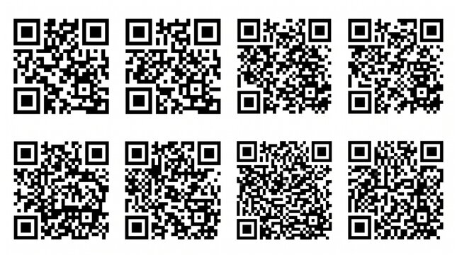 Eight distinct black and white square qr codes arranged in a grid