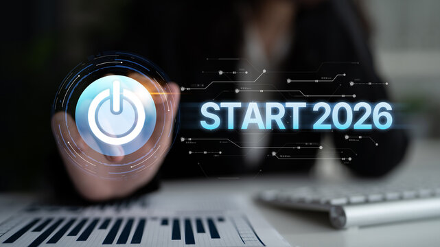 Start 2025 concept with futuristic power button symbolizing fresh beginnings, innovation, and digital transformation. Start 2025, new goals, and start 2025 initiative. Spline