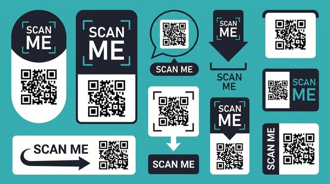 Set of various qr code sticker designs with scan me text