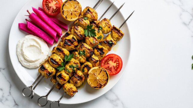 Grilled Lebanese shish tawook chicken skewers on white plate. Juicy chicken pieces with turmeric marinade served with garlic toum sauce, tomato slices, pickled pink turnips, grilled lemon. Middle