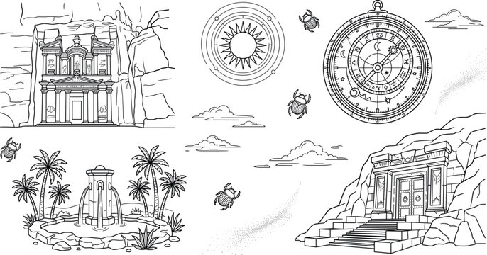 Ancient desert adventure vector elements set featuring petra treasury monument oasis fountain tomb scarab beetles and astrolabe compass