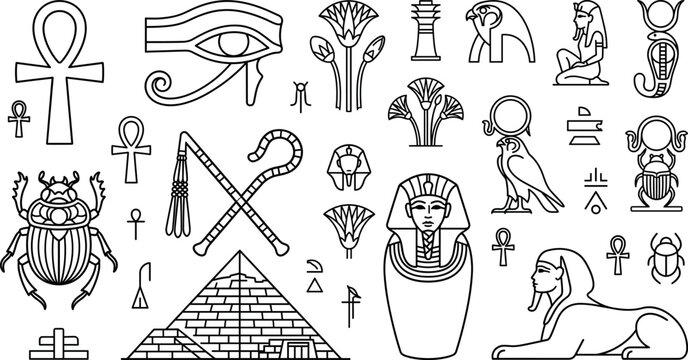 Ancient Egyptian vector icons set featuring pyramid sphinx pharaoh scarab ankh eye of horus and historical line symbols