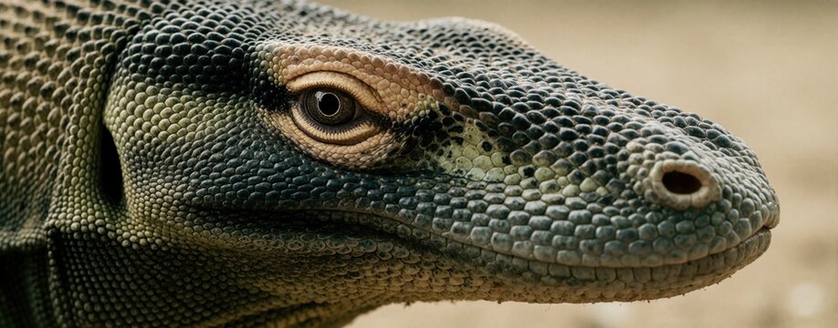 Extreme close up of Komodo dragon head. Detailed reptile skin with textured scales, large eye. Wild monitor lizard looks ahead in nature. Predator reptile eye macro view showing amazing animal