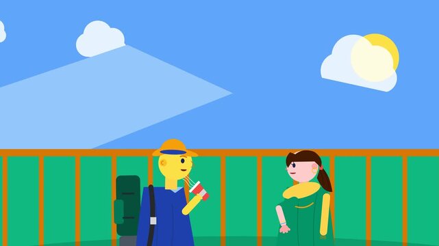 2D animation of a male traveler with backpack and a female friend chatting together outdoors against a colorful geometric mountain and sunny sky background