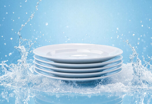 Stack of white ceramic plates surrounded by soapy bubbles and splashing water during dishwashing, representing kitchen cleanliness, hygiene, household chores, and daily cleaning.