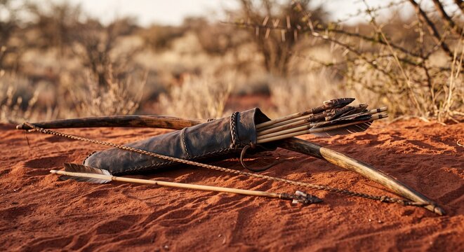 Wooden bow, leather quiver and arrows on red Kalahari sand