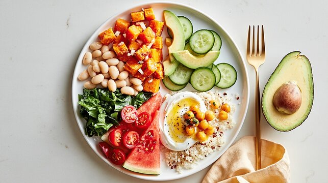 Fresh healthy vegetarian buddha bowl salad on a white plate with mixed roasted pumpkin white beans avocado cucumber kale watermelon tomato and yogurt dressing on light neutral background from top view