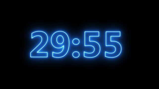 glowing neon 30 minute Countdown. neon 30 to 29 minute Countdown timer on black background. neon Countdown timer from 30 minute to 29 minute suitable for presentations, educational