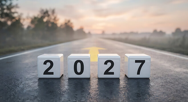 A long road stretches forward symbolizing progress and the future with blocks showing the year two thousand twenty seven on