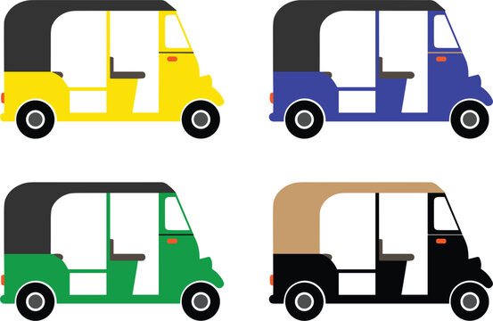 Flat style auto rickshaw vector set in yellow, blue, green and black colors for Indian taxi, urban transport, tourism and public travel designs