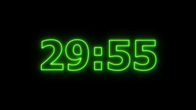 glowing neon 30 minute Countdown. neon 30 to 29 minute Countdown timer on black background. neon Countdown timer from 30 minute to 29 minute suitable for presentations, educational