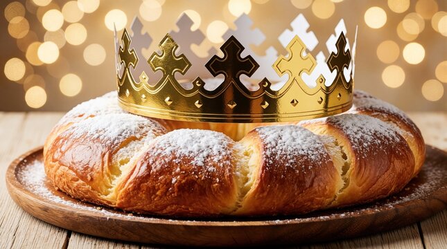 Traditional Epiphany kings cake with golden paper crown on wooden board. Sweet brioche pastry dusted with powdered sugar for January holiday celebration. Festive dessert sits on rustic table with