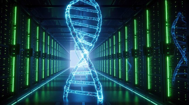 Glowing blue DNA helix floats in futuristic data center corridor. Digital genetic strand moves between server racks with green lights. High tech biotechnology concept shows medical research,