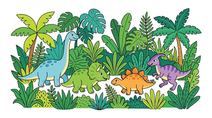 Cute Cartoon Dinosaurs in Lush Tropical Jungle © wowo