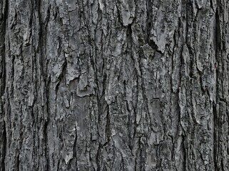 Fototapeta premium Weathered gray tree bark with vertical ridges and deep grooves forming a natural organic texture