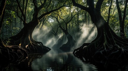 Obraz premium Mystic peat swamp forest with dark water, thick morning mist. Ancient trees with large twisted roots form natural tunnel. Light rays shine through green canopy, fog over calm marshland. Moody jungle
