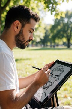 Bearded male artist draws digital caricature on tablet in sunny park. Young creative man uses stylus for sketching character portrait on mobile device. Freelance illustrator works outdoors on grass