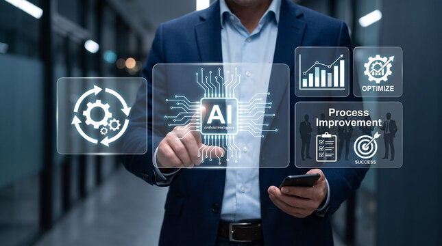 Businessman using smartphone and touching artificial intelligence AI process improvement and business automation icons on virtual interface.