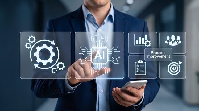 Businessman using smartphone and touching artificial intelligence AI process improvement and business automation icons on virtual interface.