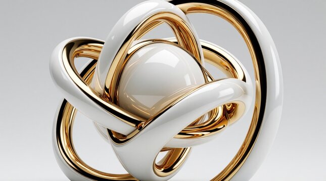 Abstract white, gold sculpture represents quantum physics concept. Intricate geometric rings orbit central sphere with luxury aesthetic. Modern 3d render shows complex structure of atomic node