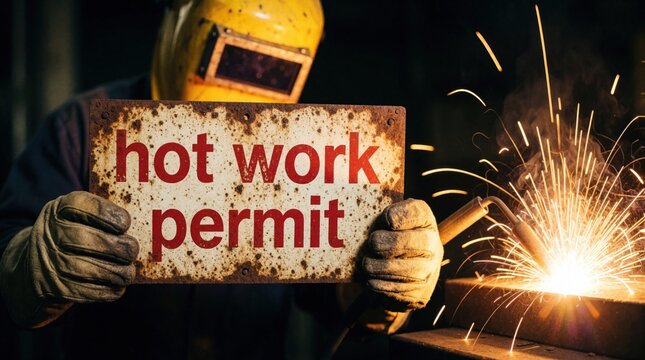Male welder in protective gear holds rusty hot work permit sign. Sparks fly from welding torch during metal fabrication in dark factory. Industrial worker follows safety regulations, job site