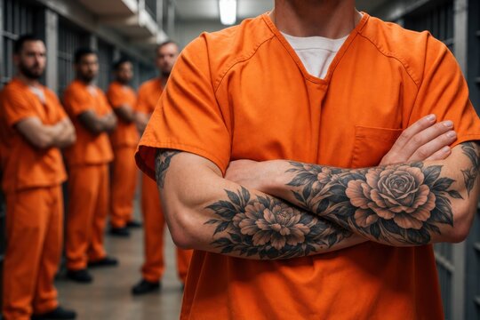 A tattooed prisoner in an orange jumpsuit stands with arms crossed in a prison hallway setting.