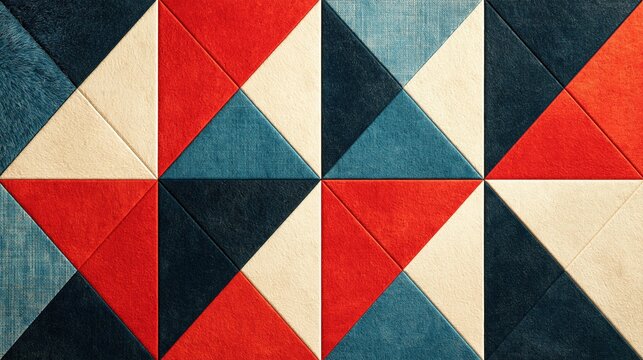 Symmetrical repeating geometric textured star pattern made of colored triangular fabric patches in warm red deep blue soft beige creating modern decorative surface