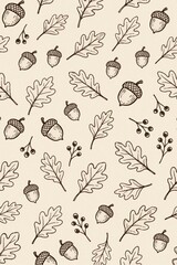 Obraz premium Hand drawn autumn pattern with oak leaves, acorns. Seamless seasonal background features rustic botanical sketches on beige paper. Organic fall elements like berries, branches create cozy woodland