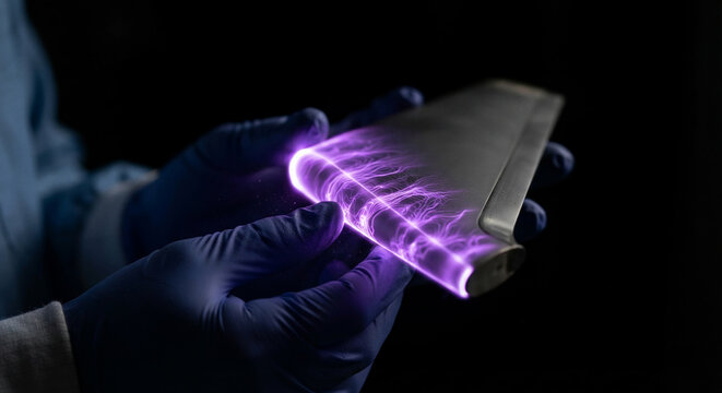 Aerospace engineer holding aerodynamic airfoil test section with neon purple dielectric barrier discharge plasma layer and glowing ionization filaments