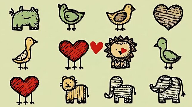 Whimsical Animal and Heart Illustrations - Cute Doodle Style Animals with Birds, Lions, Elephants Hearts in a Playful Arrangement for Children s Designs