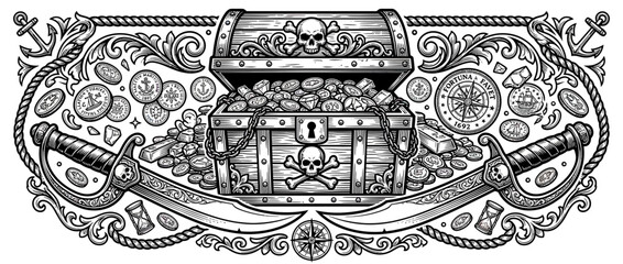 Pirate Treasure Chest with Gold Coins and Swords Isolated © Nanah