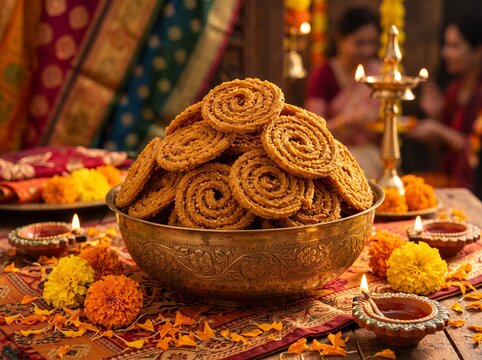 Golden fried chakli savory snacks served in traditional brass bowl setup.