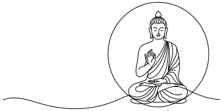 Minimalist continuous line illustration of Buddha seated in lotus position with mudra gesture inside a circle and extending line at base, Minimalist one line art of Buddha in meditation