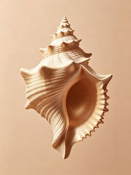 Beautiful golden textured seashell conch with spiny structure floating against plain warm beige background, minimalist nature still life art concept